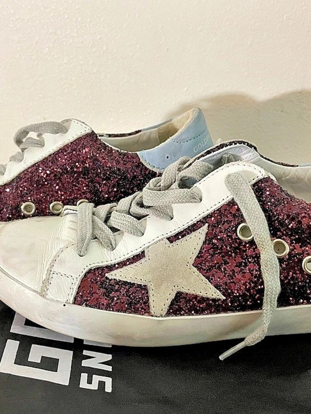 Golden Goose Super-Star Sneakers with Burgundy Glitter Star and Light Blue